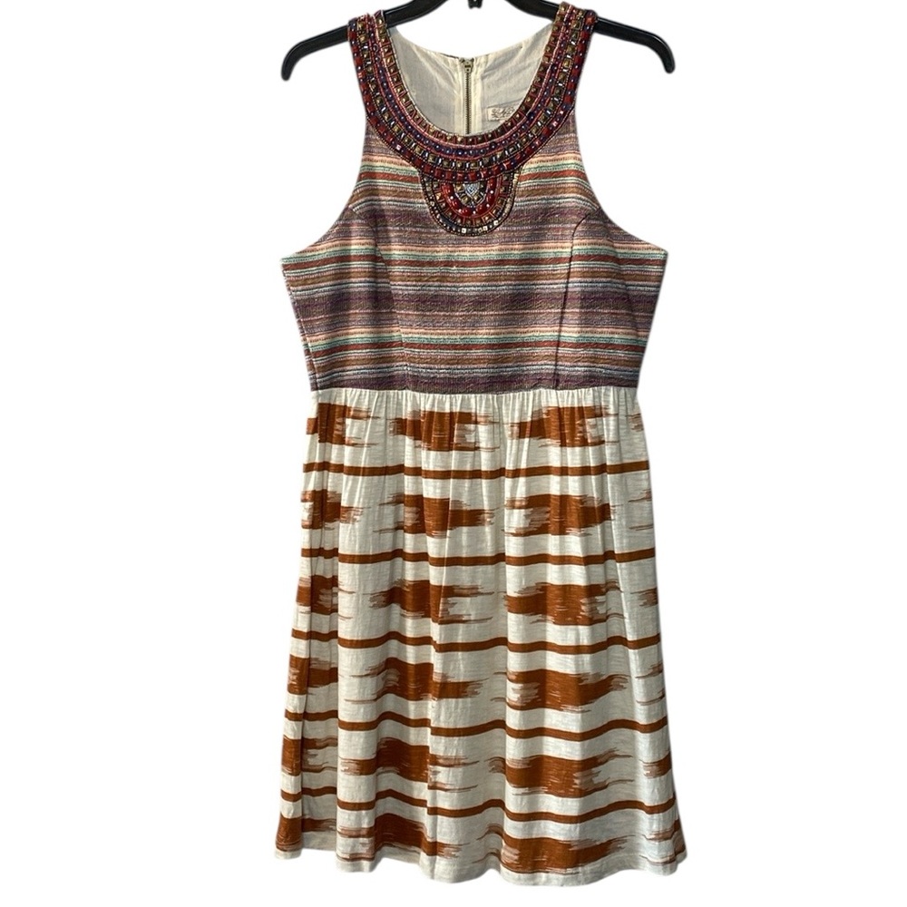 Lucky Brand Beaded Boho Dress NWT Womens Large Mixed Ikat Print Embellished Mini